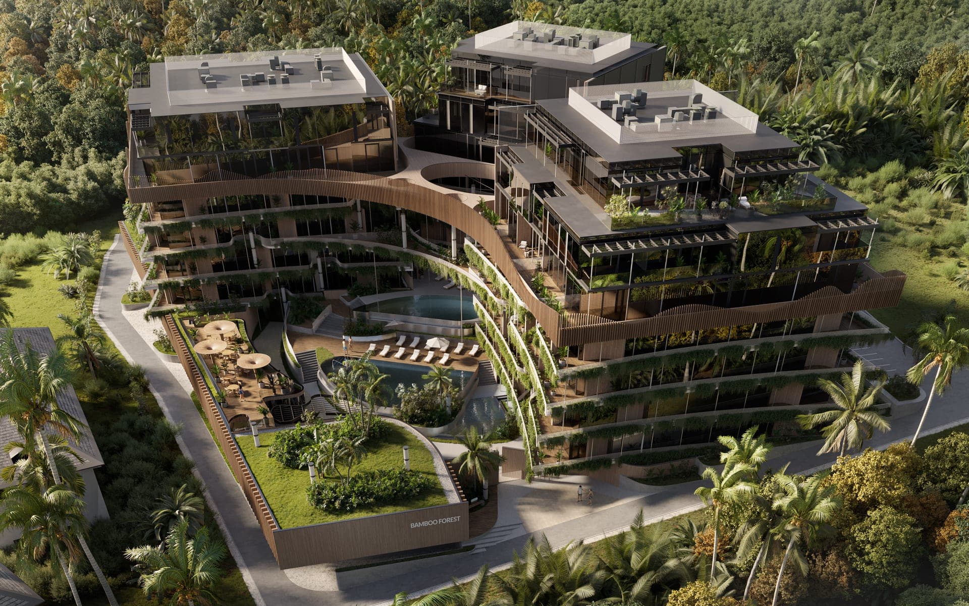 Aerial view of Bamboo Forest and its layered pool gardens
