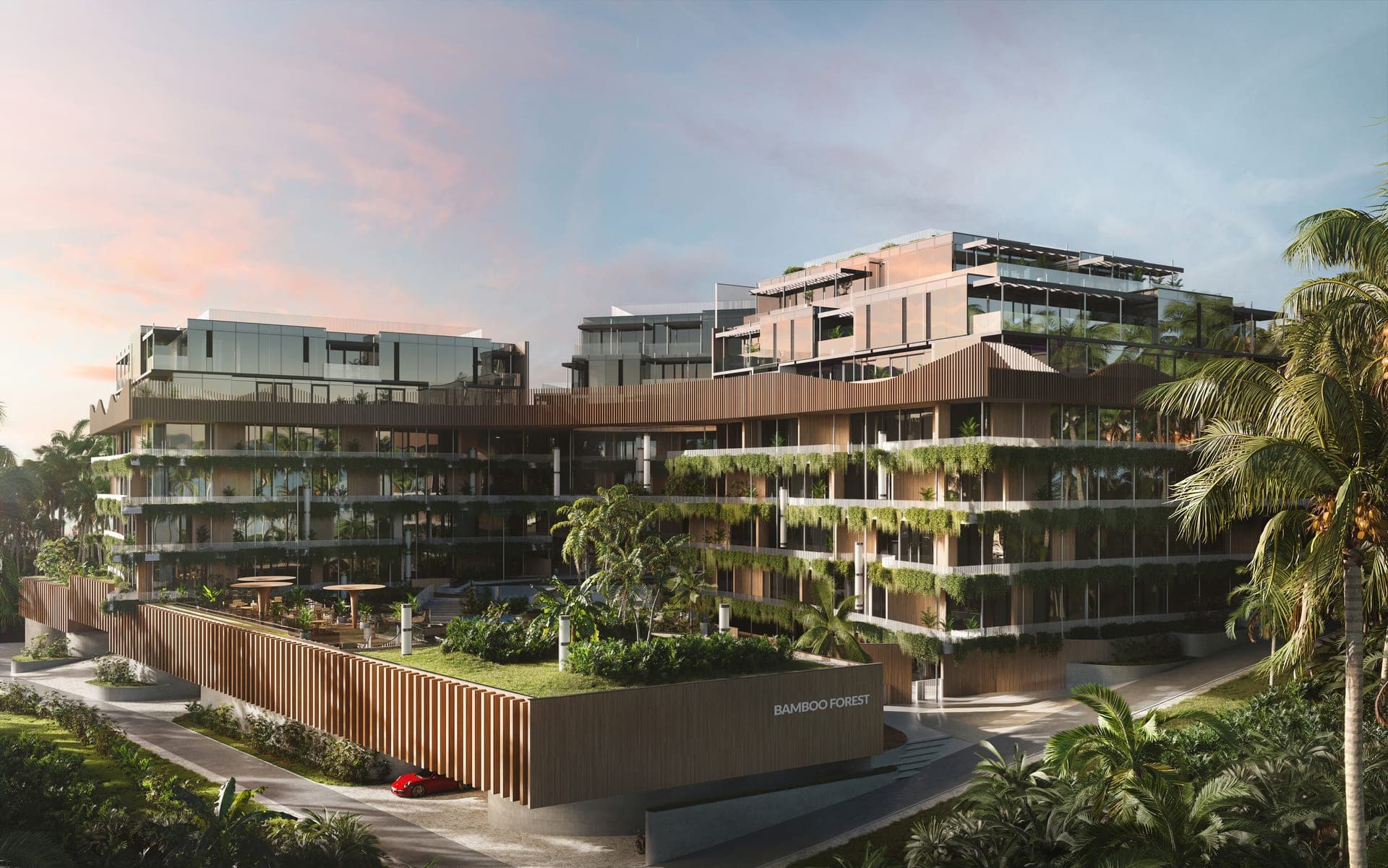 Daytime exterior with planted terraces